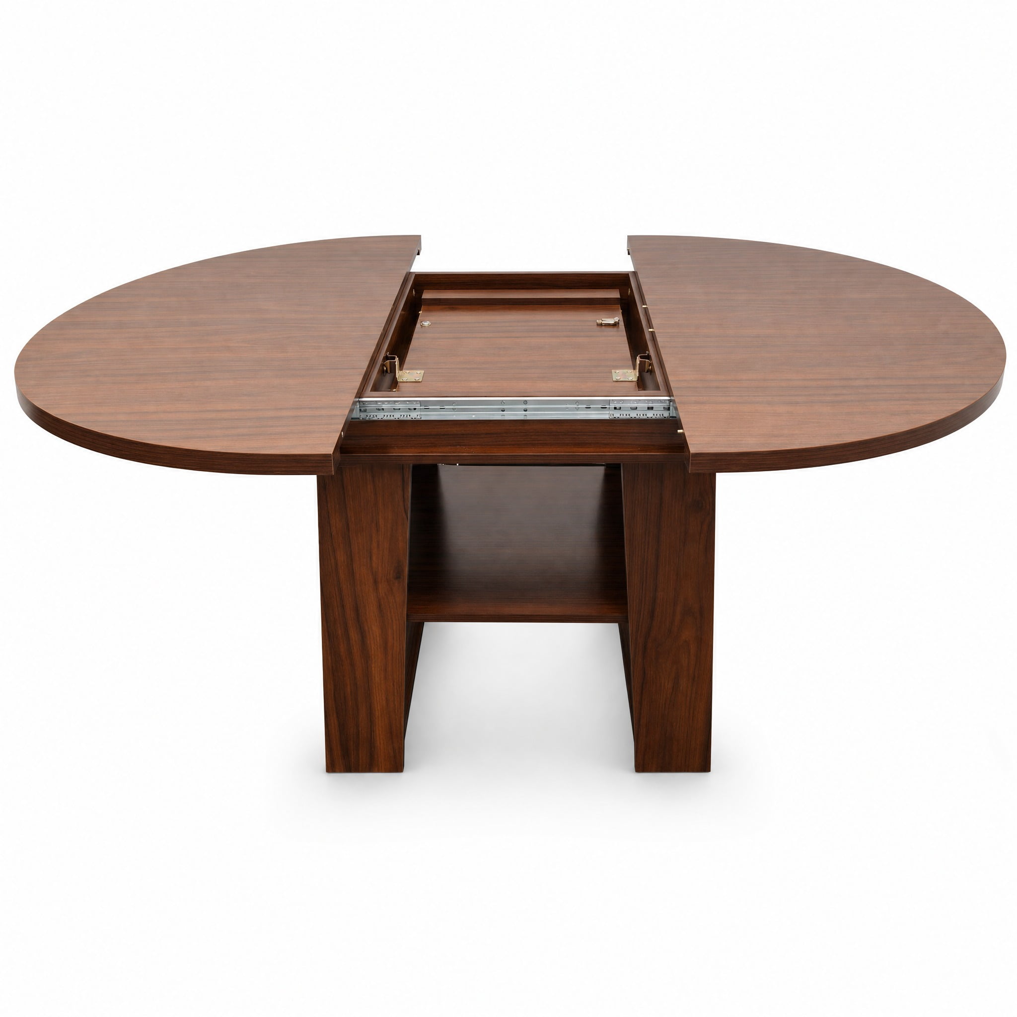 Extendable Round Dining Table 43.3-59 Inch, Round to Oval Kitchen Table with Flip Up Extension Leaf and Storage Shelf, Walnut