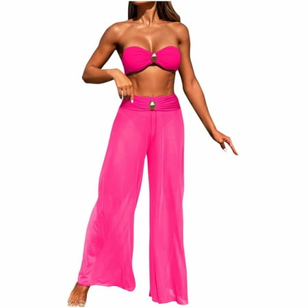 Ashirexll Bathing Suit for Women Solid Color Strapless Bandeau Bikini Set Two Piece Swimsuit Top with Swimming Trunks Pink L