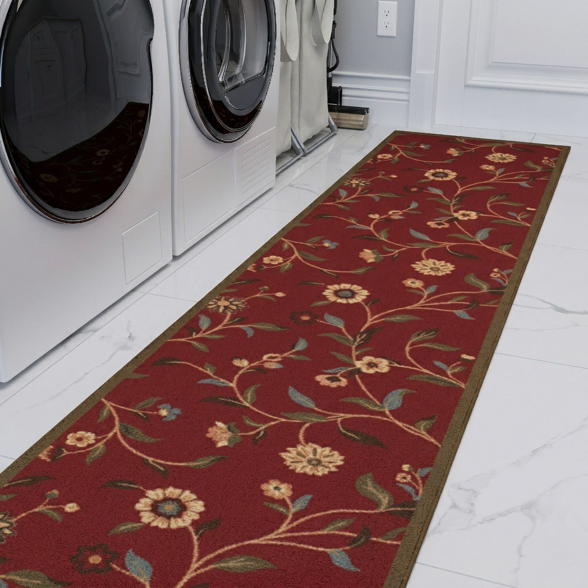 Ottomanson Extra Long Runner Rug 1'10.5" x 33' – Non-Slip Low Pile Hallway Carpet, Floral Red
