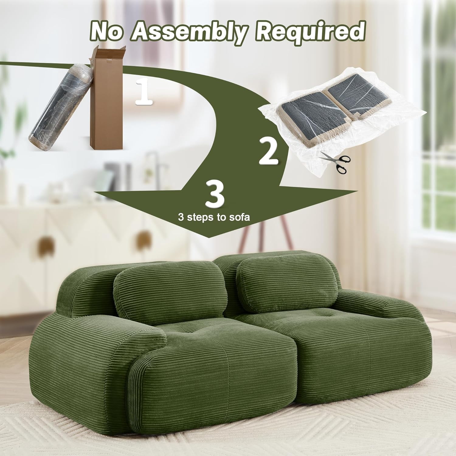 Howcool 80" Boneless Cloud Modular Loveseat, 2 Seater Vacuum Compressed No Assembly Sofa, Extra Deep Memory Foam Corduroy Sectional Couch for Living Room,Green