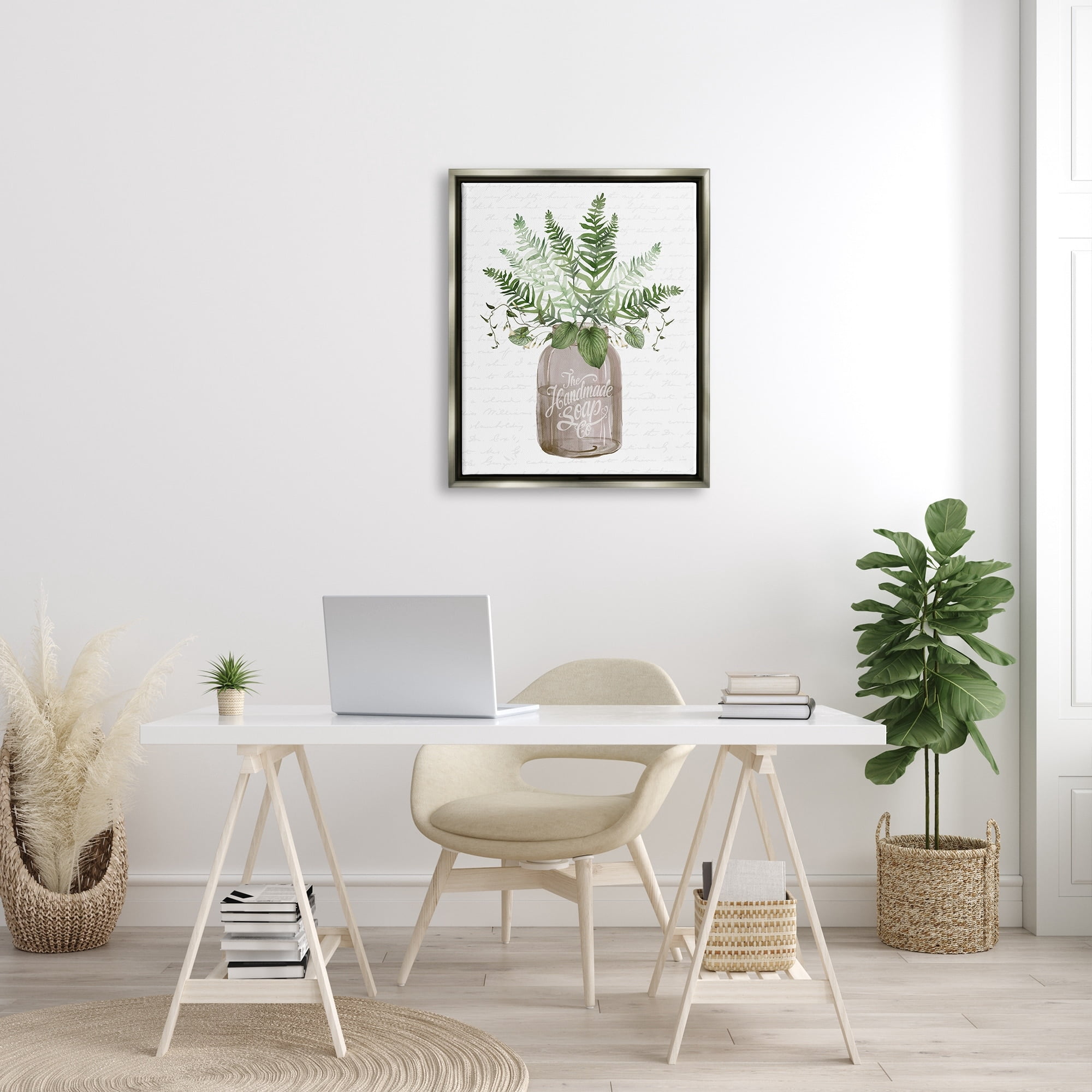 Stupell Industries Mixed Green Leaves Botanical Bouquet Jar Cursive Graphic Art Luster Gray Floating Framed Canvas Print Wall Art, Design by Lettered and Lined