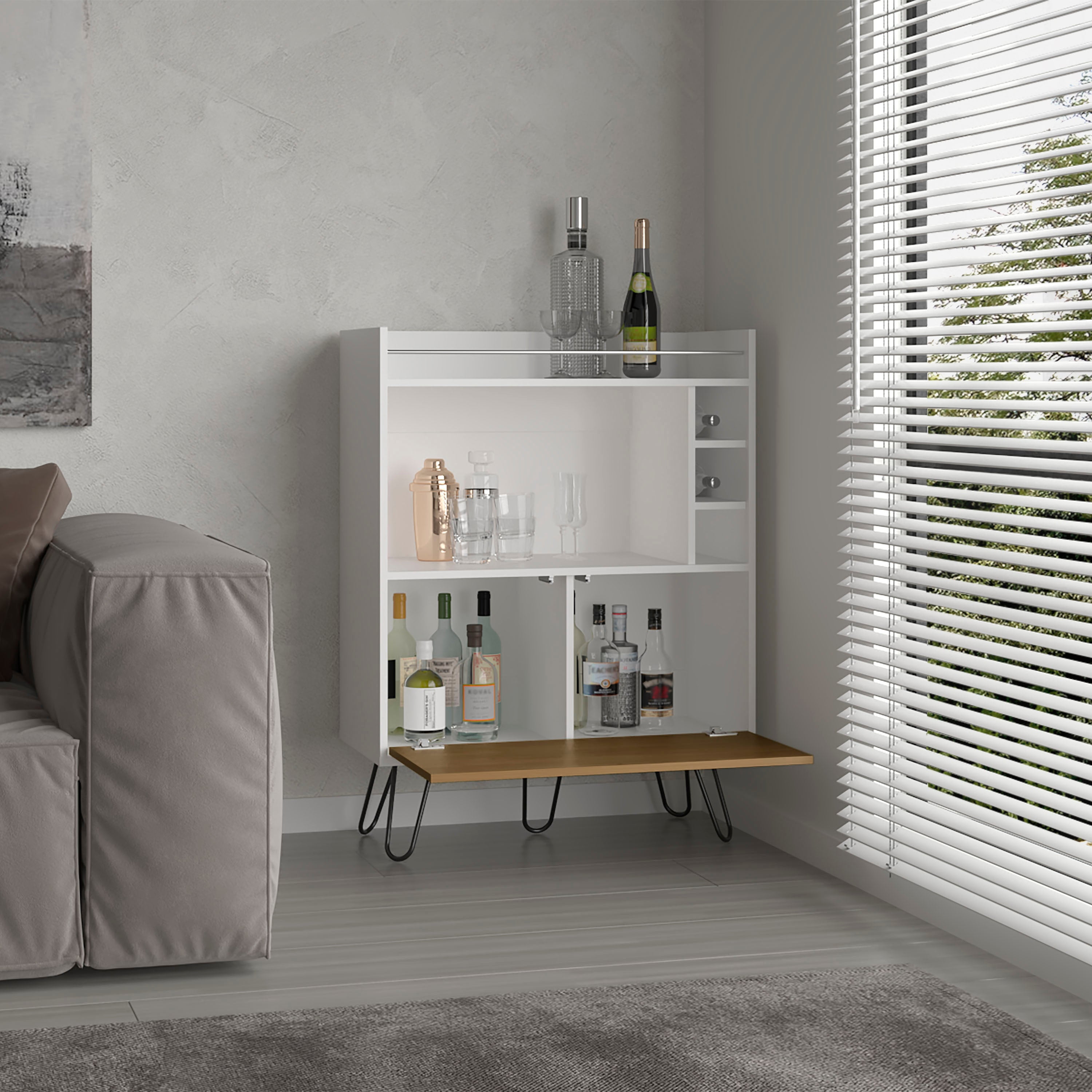 Tori 42" Tall One-Door Bar Cabinet with Three Cubbies, Three Shelves, Top Prep Surface