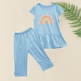 thumbnail image 4 of Odeerbi Kids Girls 2 Piece Outfits Ruffle Tops Capris Set Summer Clothes Floral Print Round Neck Short Sleeve Flying Sleeves Top Elastic Waist Cropped Pants Two-piece Set Light Blue, 4 of 5