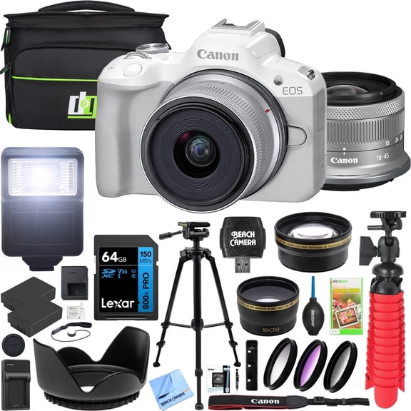 Canon EOS R50 Mirrorless Camera (White) with RF-S 18-45mm F4.5-6.3 IS STM Lens 5812C012 Bundle with Deco Gear Photography Bag   2 Battery  Tripod   Filters   Wide Angle & Telephoto Lenses & More