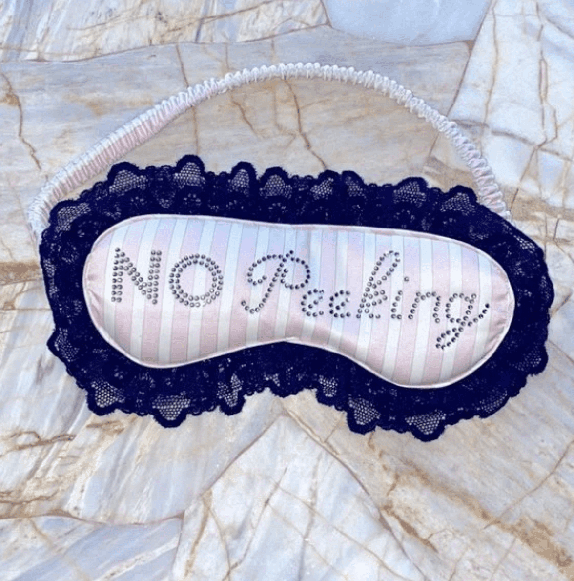 Victorias Secret “No Peeking” blindfold Silky Sleep Mask Pink Stripe Lace Trim