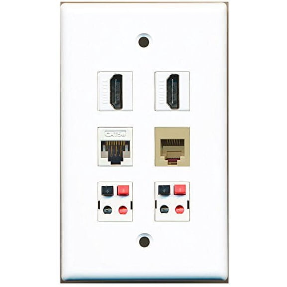 RiteAV - 2 HDMI 1 Port Phone RJ11 RJ12 Beige 1 Port Cat5e Ethernet White 2 Port Speaker Wall Plate