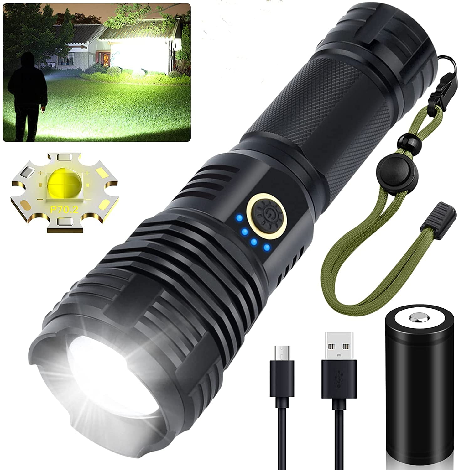 Super Bright Zoomable XHP70.2 5Modes LED USB Rechargeable 18650 26650 Flashlight 
