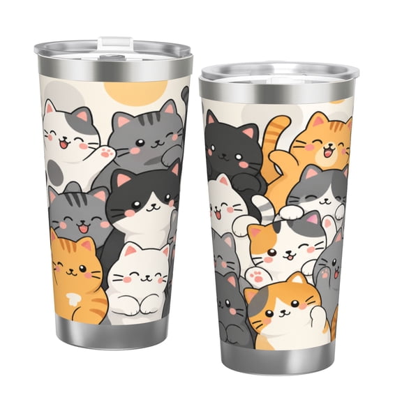 20oz Cute Kawaii Cartoon Cats Smiling Pets Insulated Tumbler with Handle and Straw Travel Cup Car Cup with Double Silver Rim