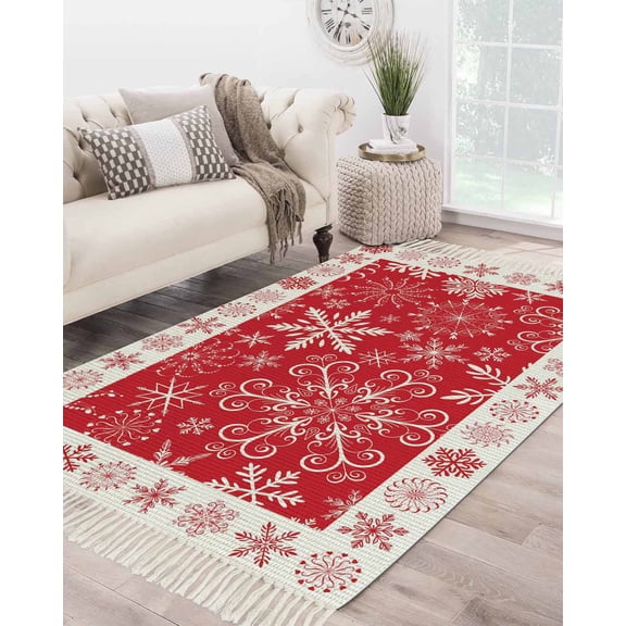 Christmas Snowflakes Large Area Rug 4x6ft Woven Runner Rug,Red Xmas Winter Vintage Washable Living Room Bedroom Kitchen Bathroom Classroom Carpet with Tassels,Indoor Outdoor Throw Door Mat