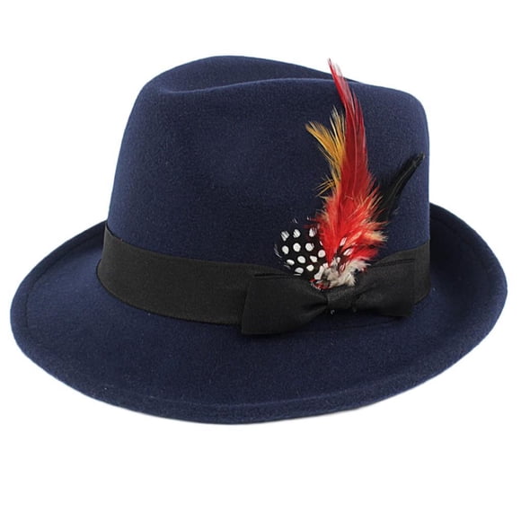 Sonducket Sombrero Fedora para hombre, fieltro de lana, plegable, hecho a mano, con lazo, gorro de plumas, azul marino Sombreros