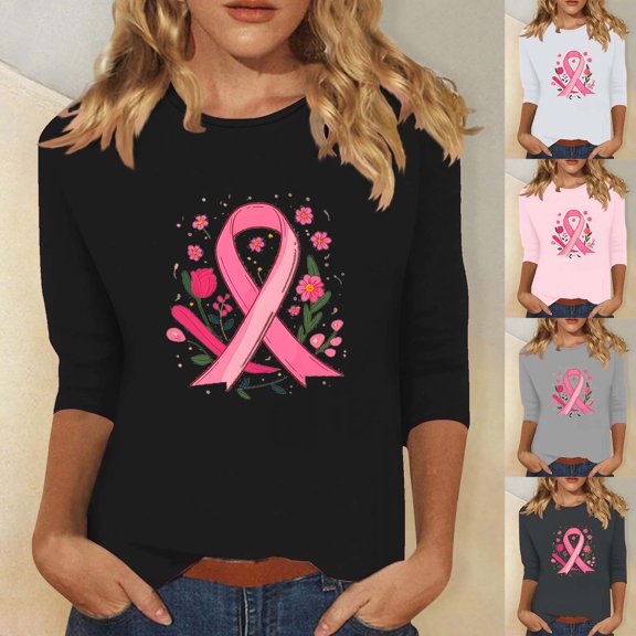 VKOYWKM Womens Breast Cancer Awareness Shirts Breast Cancer T Shirt Pink Ribbon Fight Cancer Shirt Inspirational 3/4 Sleeve Tops Casual Crew Neck Cancers T-Shirt