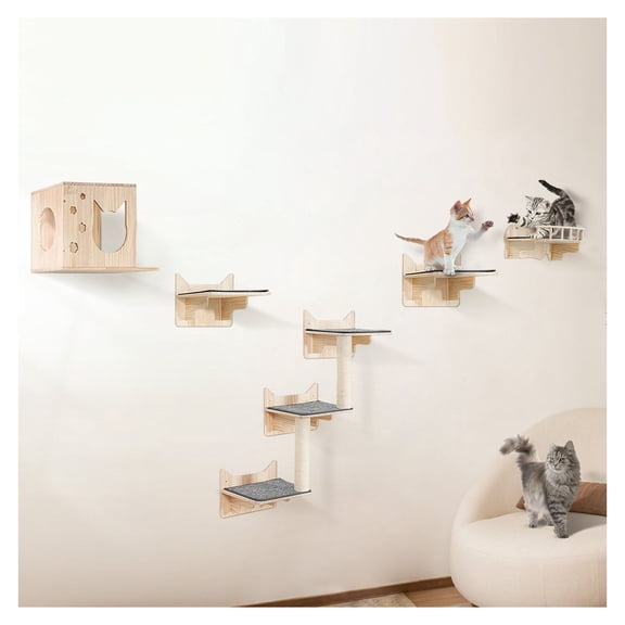 Cat Wall Shelves - 5 Piece Floating Cat Furniture Set - Wall Mounted Cat Perches & Nest - Climbing, Playing, Resting up to 40lbs