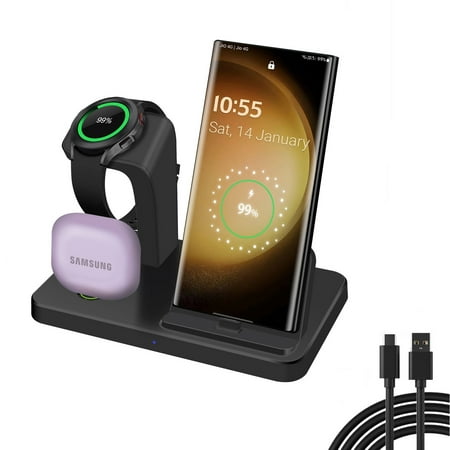 Charging Station for Samsung Devices, FDGAO 3 in 1 Fast Charging Stand for Galaxy S23/S22/S21/S20,Note 20/10,A54/A53/A51 & Galaxy Buds, Wireless Charger for Galaxy Watch 65 Pro/5/4/3/Active 2/1, Black