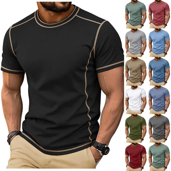 Eltusu Short Sleeve T-Shirts for Men, Casual Crewneck Solid Color Pullover Summer Tee Black Size 2XL