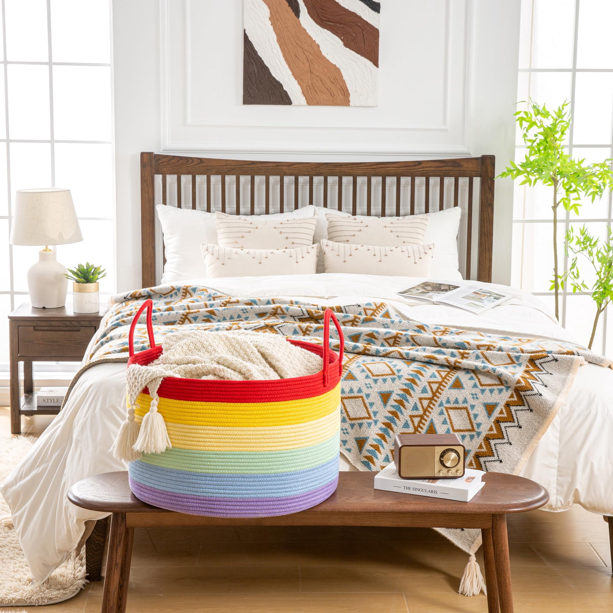Large Blanket Basket (20"x13"),Woven Baskets for storage Baby Laundry Hamper, Cotton Rope Blanket Basket