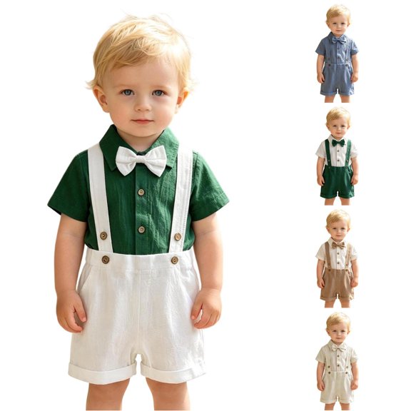 Baby Boys Formal Suit Set Short Sleeve Romper Suspenders Shorts Pants Wedding Outfits Size 9-12 Months
