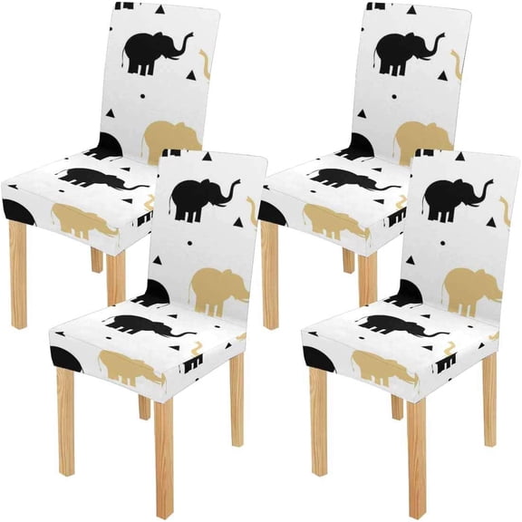 FMSHPON Cute Black and Gold Elephants Stretch Chair Cover Protector Seat Slipcover for Dining Room Hotel Wedding Party Set of 4