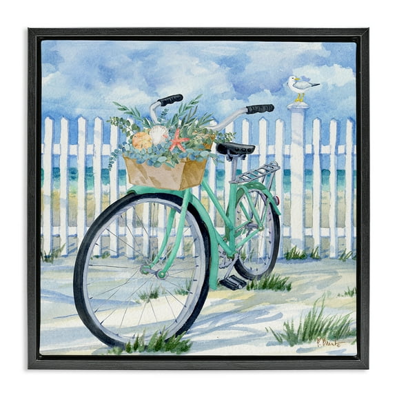 Stupell Industries Bike on Rosemary Beach Transportation Painting Black Floater Framed Canvas Art Print Wall Art, 18 x 18