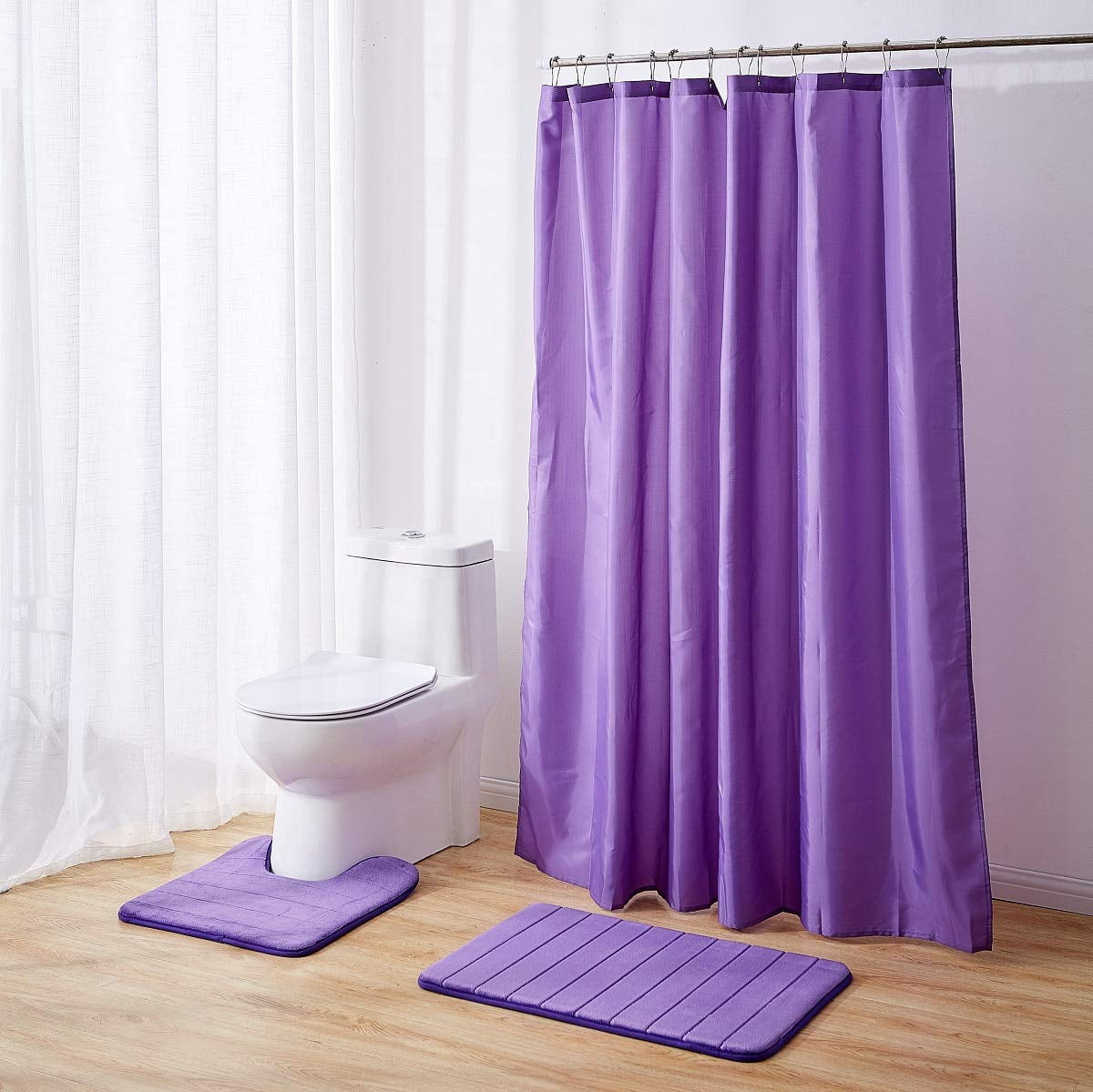 Memory Foam Bath Rug Set Solid Color Stripe Design Bathroom and Contour mat with Matching Shower Curtain and Metal Rings Choose from Burgundy/Navy/Purple/Brown (Purple)