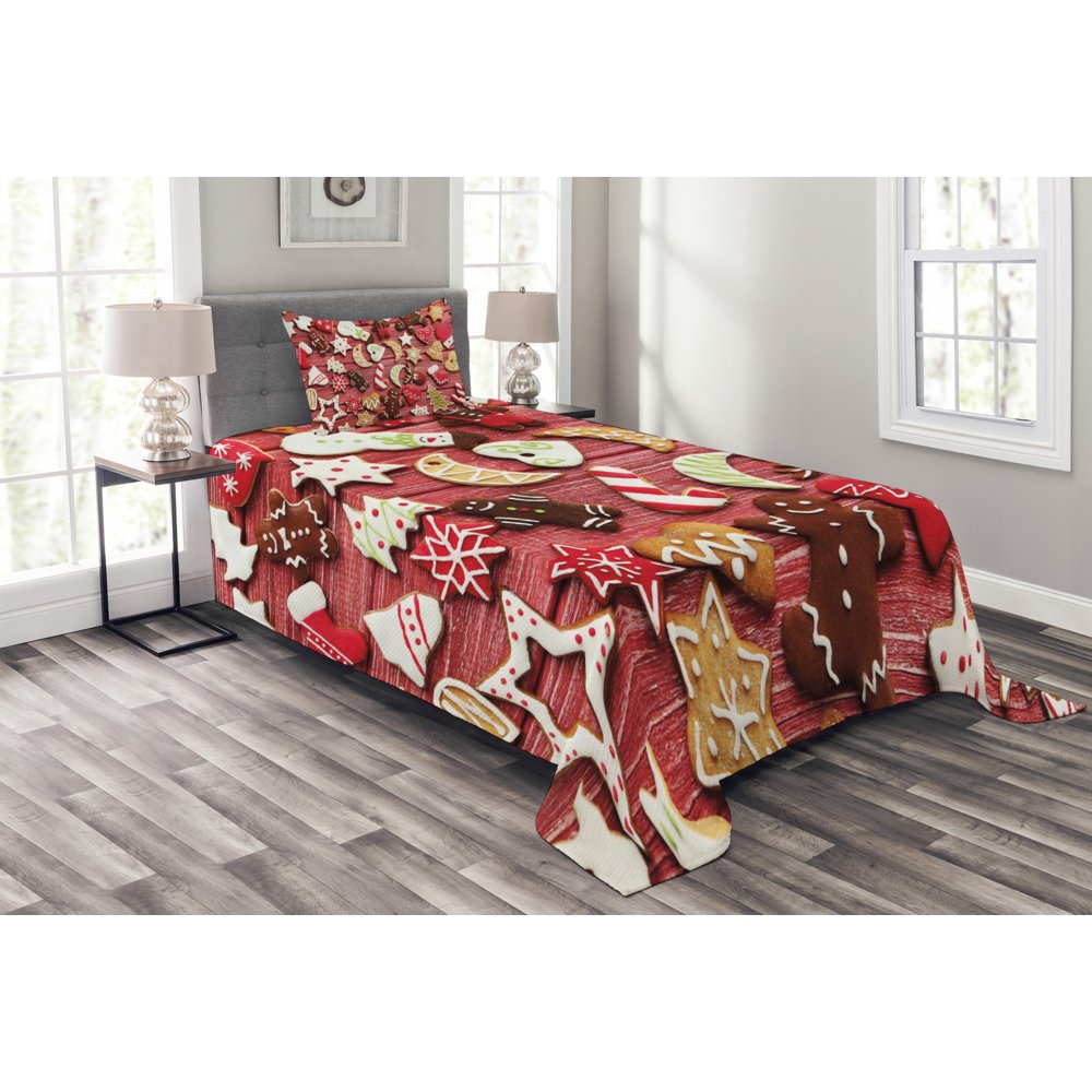 Gingerbread Man Bedspread Set Twin Size, Variety of Christmas Cookies