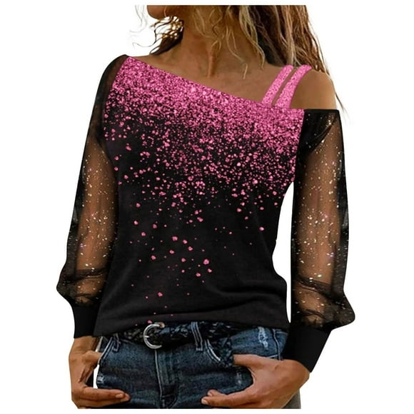 Tshirt Women Sleeve Mesh Cold Tops Shoulder Sequin Long Print Splice Blouse Blouse Women Shirts Pink XXL