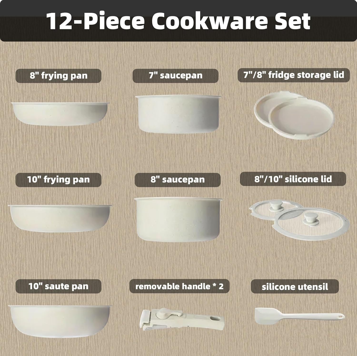 SIMATE 12 Pcs White Granite Pots and Pans Set, Non Stick Cookware with Detachable Handle for Gas and Induction Stoves, Stackable Cookware Set for Limited Space