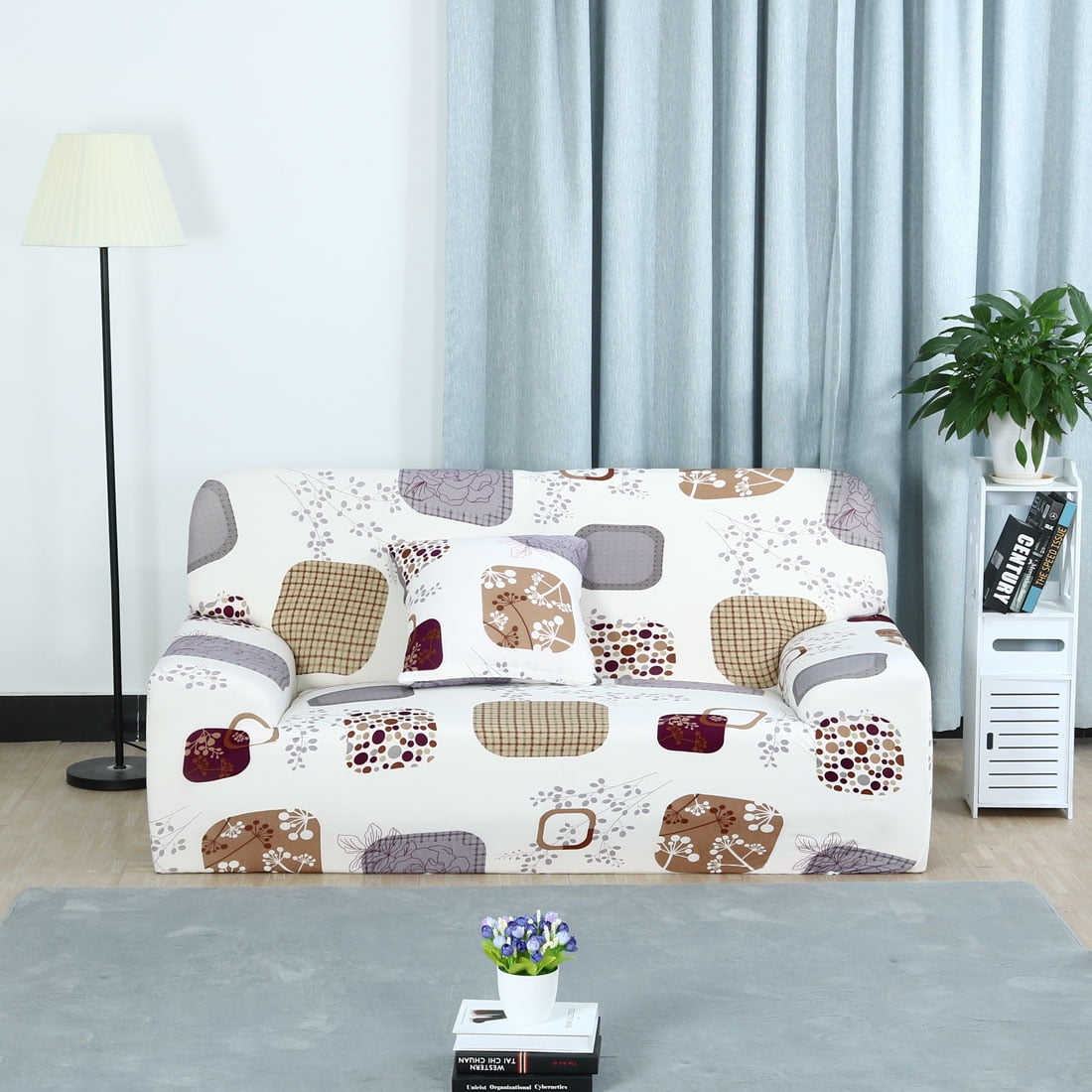 PiccoCasa Stretch Spandex Sofa Cover 2 Seat Floral Couch Slipcover White