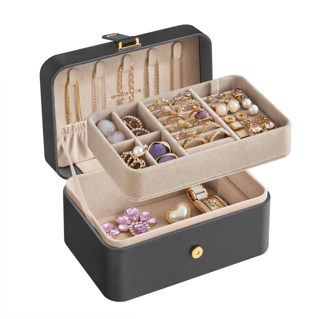 SONGMICS Jewelry Box, Travel Jewelry Case, 2-Layer Jewelry Holder Organizer, Portable Versatile Earring Storage, for Larger Accessories, Slate Gray UJBC166G01