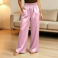 thumbnail image 4 of CHGBMOK Plus Size Women's Satin Pants Ruffled Waistband Wide Leg Pants High and Elastic Waist Trousers with Pockets, 4 of 8