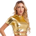 thumbnail image 4 of Blusa corta metalizada brillante para mujer, cuello alto, manga corta, corte ajustado, blusa de moda, camisola para fiesta, jazz, discoteca, rave, ropa de club, 4 of 5
