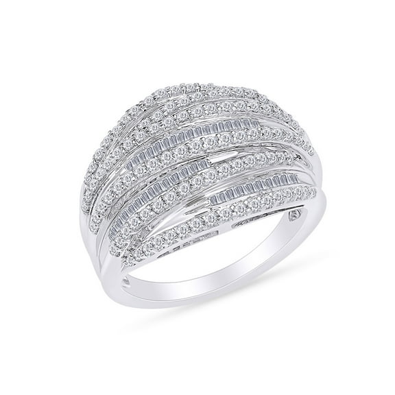 1 Carat Baguette & Round Natural Diamond Multi-Row Cluster Ring in 14k White Gold Over Sterling Silver Size 7.5
