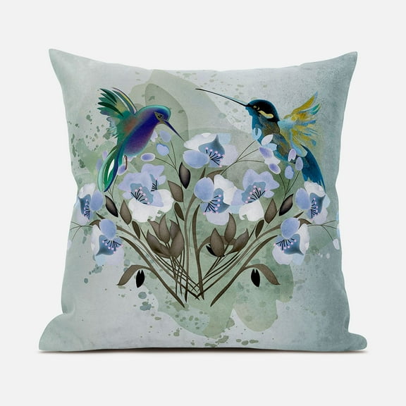 Hummingbird Love Throw Pillow with Removable Cover in Green Blue 18x18