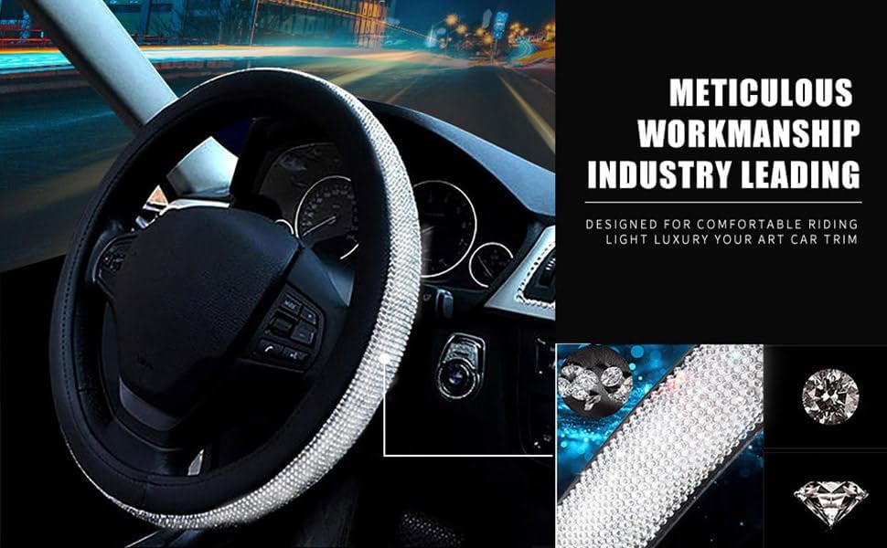 New Diamond Leather Steering Wheel Cover,Bling Bling Crystal Rhinestones Steering Wheel Cover Universal Fit 15" Car Wheel Protector for Women Girls (Black)