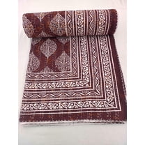 Ajrak Block Print Kantha Quilt: Vintage Floral Design, Double/Queen