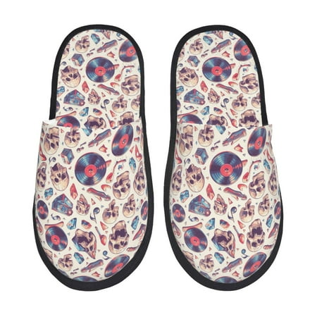 Balery rock Skull record Retro Slient Indoor Furry Fleece Comfort House Shoes Soft Non-Slip Home Shoes Cotton slippers House Slippers-- Medium