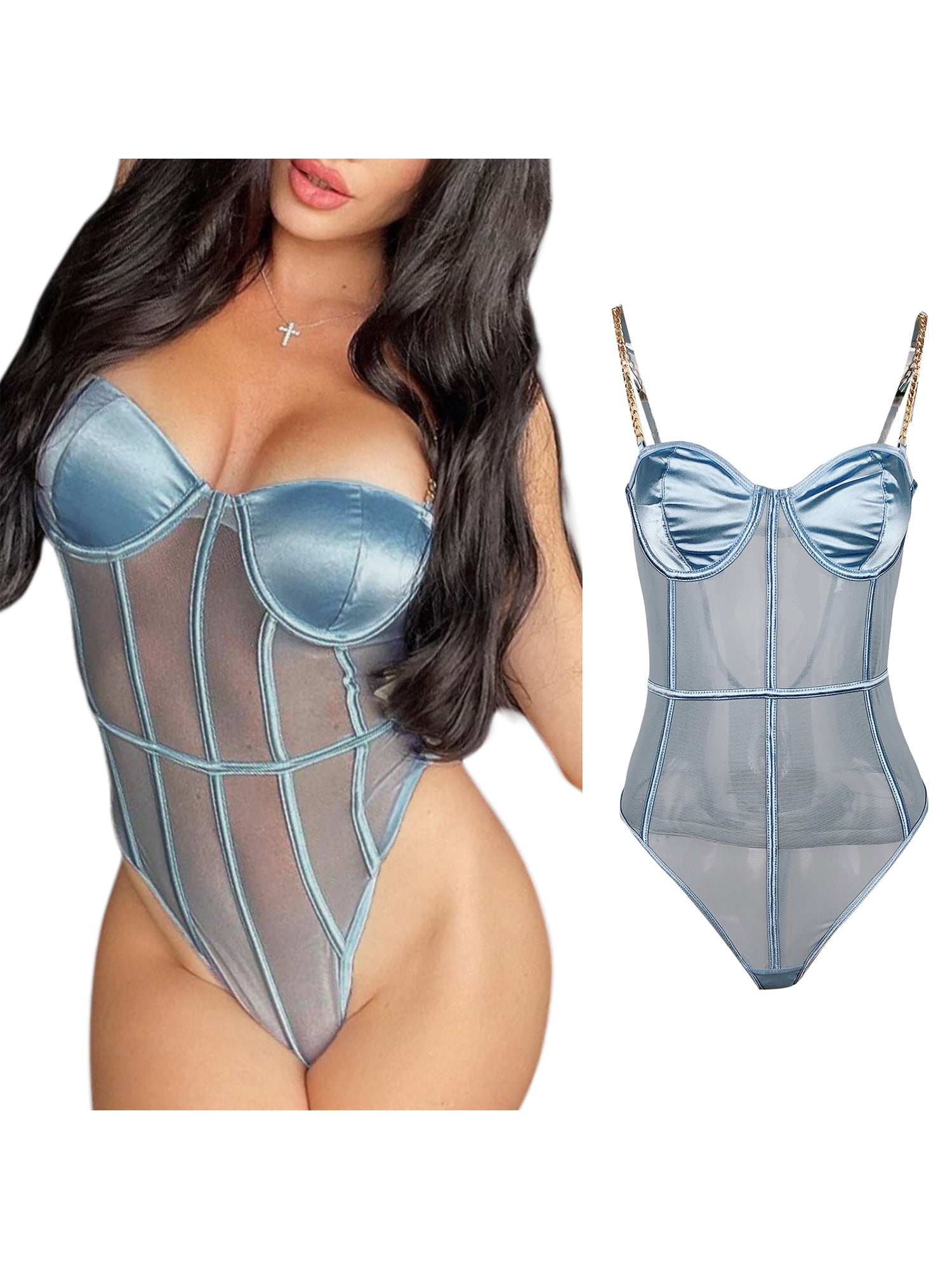 Blue Mesh Transparent Bodysuit Metal Chain Straps Backless Bodysuits