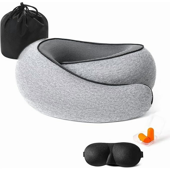 Advanced Memory Foam Neck Travel Pillow, Neck Pillow Airplane with Eye Mask & Ear Plugs, Designed for The Comfort of Travel & Office, Travel Pillow for Plane, Car, Home, Work, Dark Grey