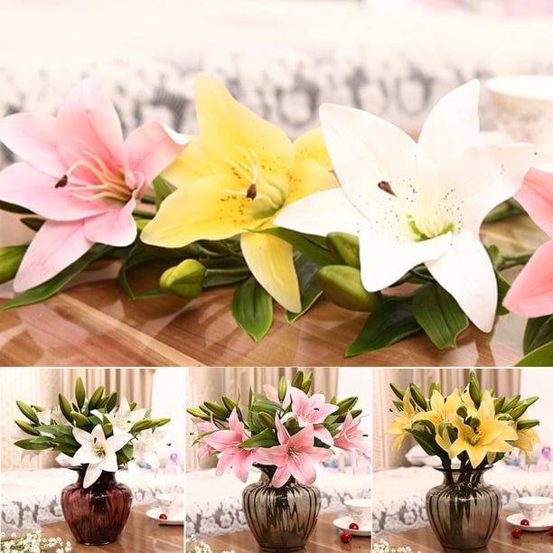 Gwong Decoración hogareña 3 cabezas Artificial Falso Lily Flowers Bouquet Home Garden Fiesta Decoraciones de Boda Gwong 8107328