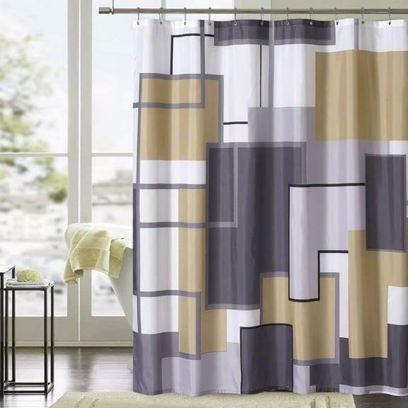 YOSTV Gold Black Modern Geometric Shower Curtain, Gold Black White Waterproof Shower Curtain Set for Bathroom Restroom with 12 Metal Hooks, 72 x 72 inch