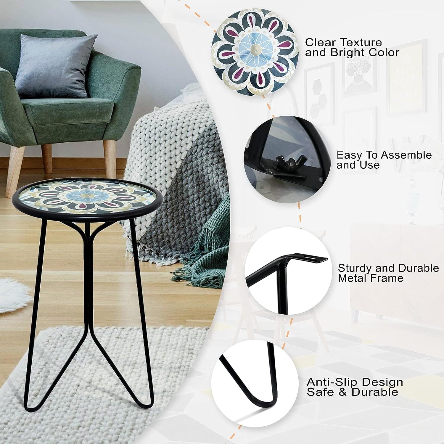 Liffy Outdoor Mosaic Table - Stylish Flower Art Design Metal & Glass End Table-Plant Stand for Patio, Balcony and Living Room - 12x12x22 inches