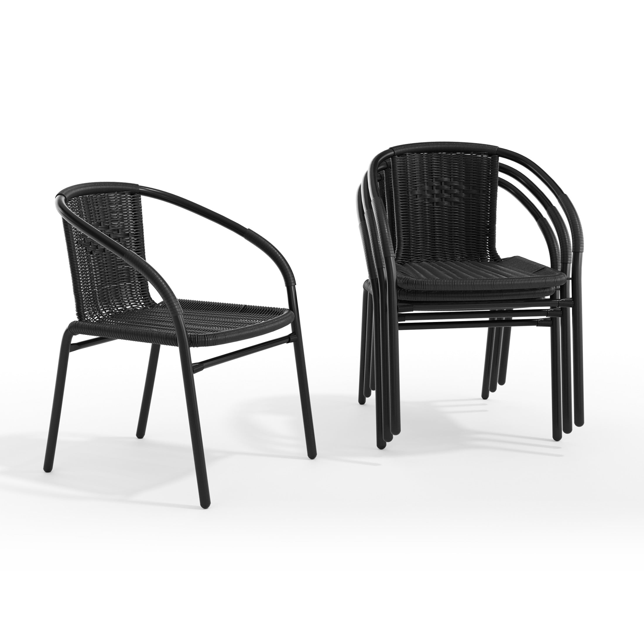 Emma + Oliver 4 Pack Black Rattan Indoor-Outdoor Restaurant Stack Chair with Curved Back