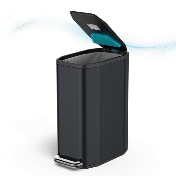 Home Zone Living 13 Gallon Slim Stainless Steel Kitchen Trash Can with CleanAura Odor Control and Soft Close Lid, Black