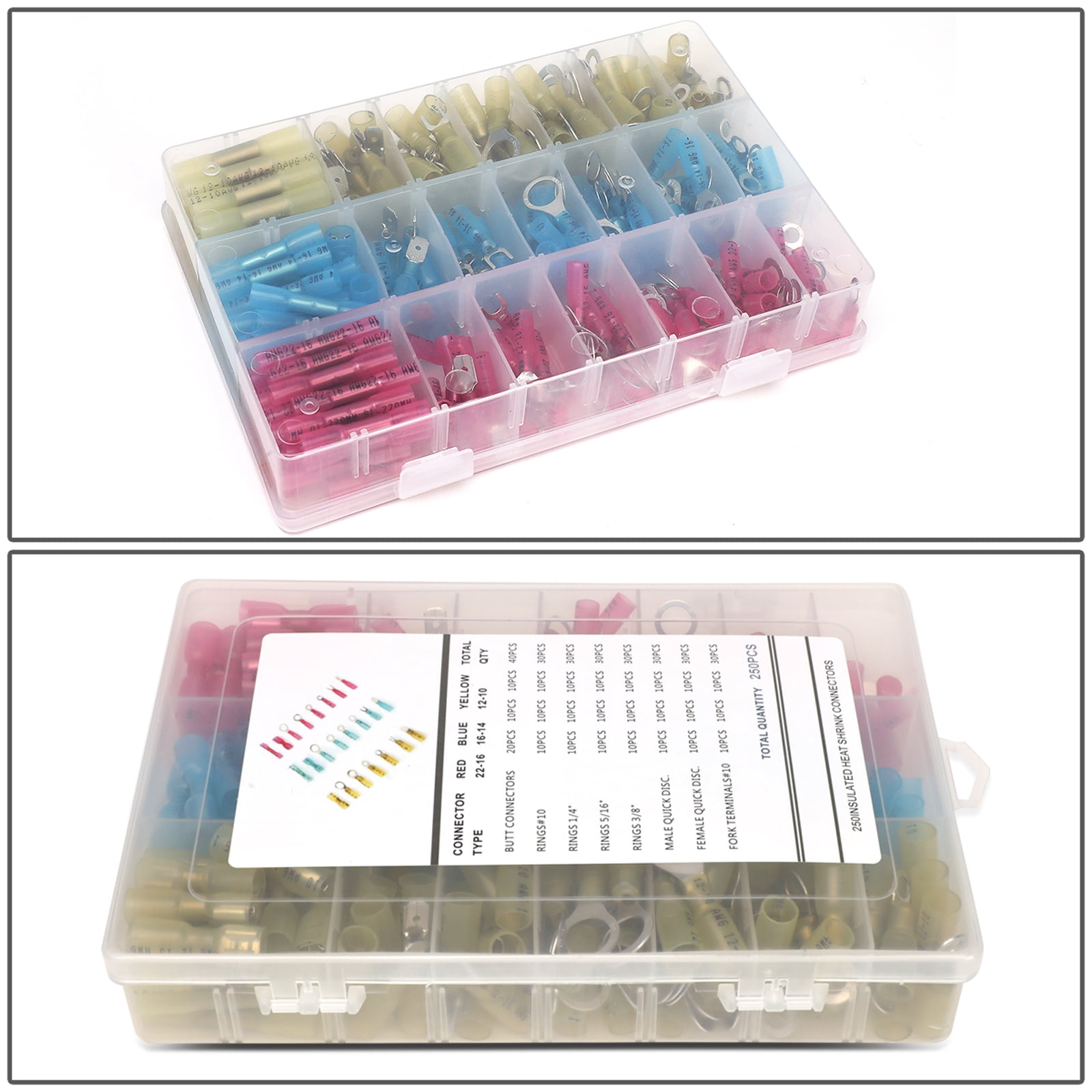 DNA Motoring ZTL-H-0003 250Pcs 22-16/14-16/10-12 AWG Translucent Nylon Insulation Wide Gauge Assortment Wire Terminal Assortment Set