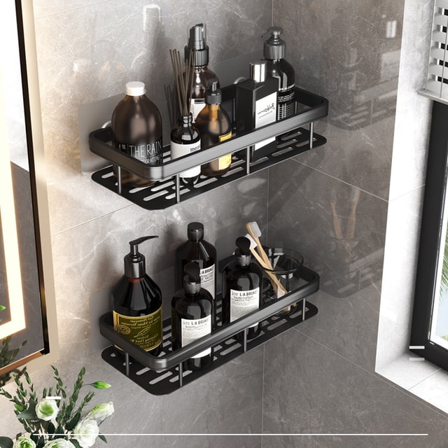 Estante de almacenamiento para baño, cesta de red de almacenamiento de aluminio sin perforaciones, colgante de hardware para baño, estante de almacenamiento autoadhesivo para baño