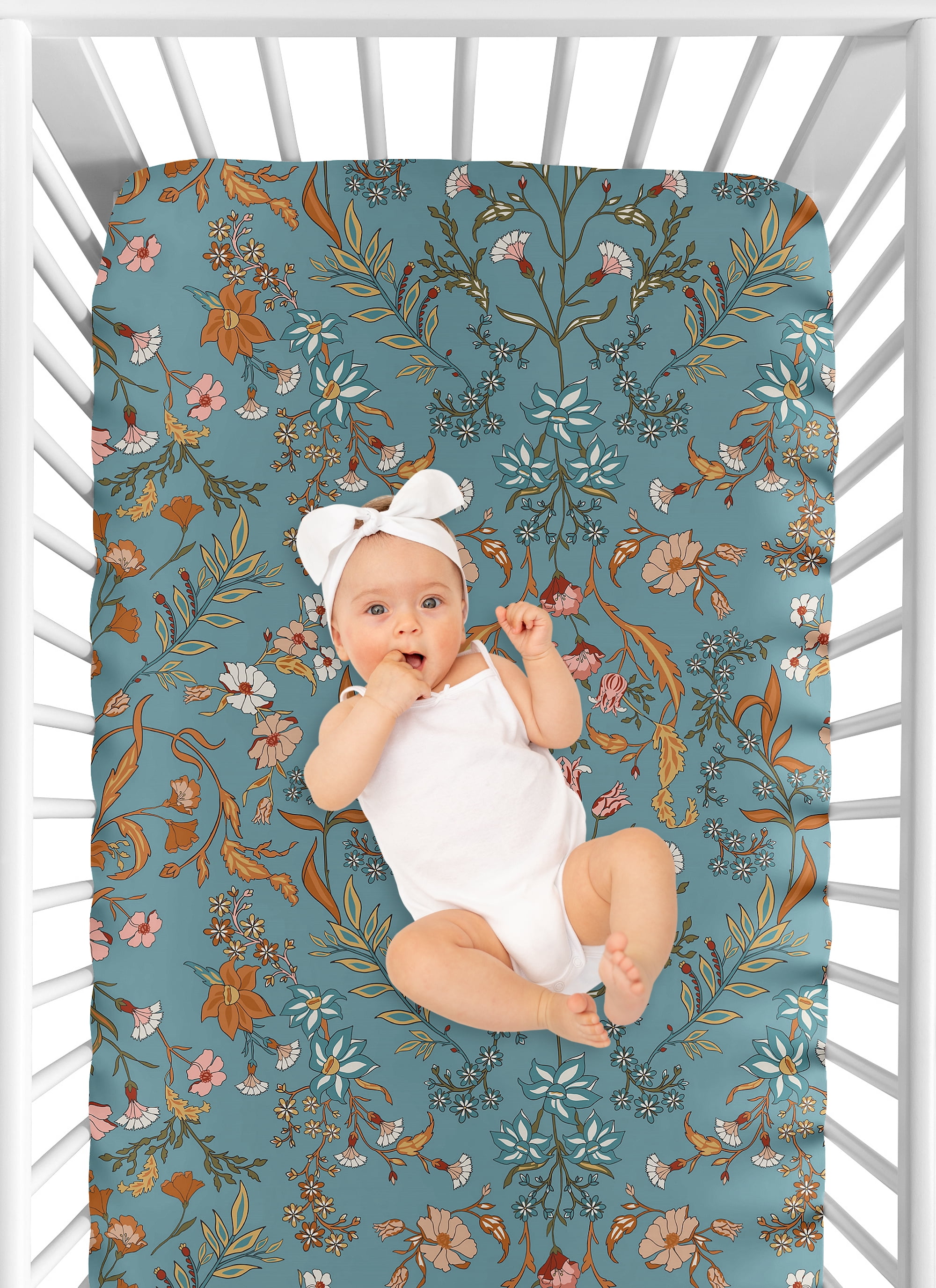 Sweet Jojo Designs Boho Floral Wildflower Blue Orange and Pink Fitted Crib Sheets 2 Piece Set