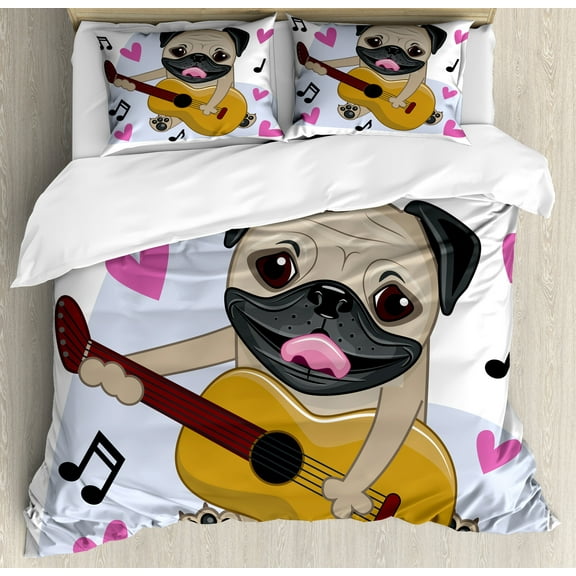 Pug Duvet Cover Set, Pug Dog Playing Guitar Singing with Pink Hearts Funny Animal Cartoon, Decorative 3 Piece Bedding Set with 2 Pillow Shams, Queen Size, Pale Brown Pink Black, by Ambesonne