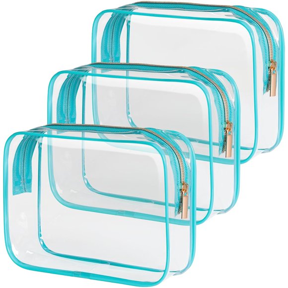 Turquoise 3 Pack MediumTSA Approved Toiletry Bag - Clear Makeup Bag Waterproof Quart Size Bag, Travel Makeup Cosmetic Bag for Women Men, Carry on Airport Airline Compliant Bag, 3 Pack, Black