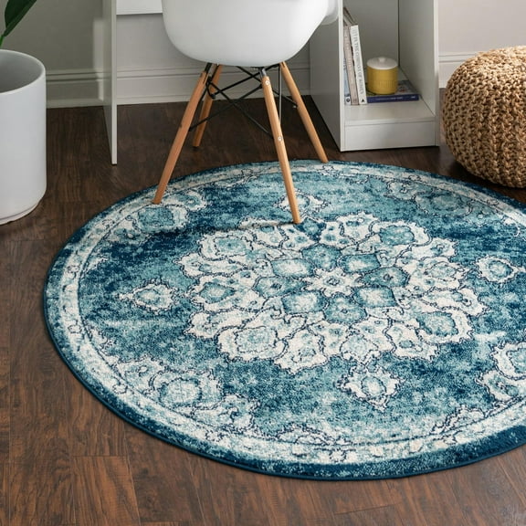 Unique Loom Parker Collection Area Rug - Kokulu (7' 10" Round Navy Blue/Ivory)