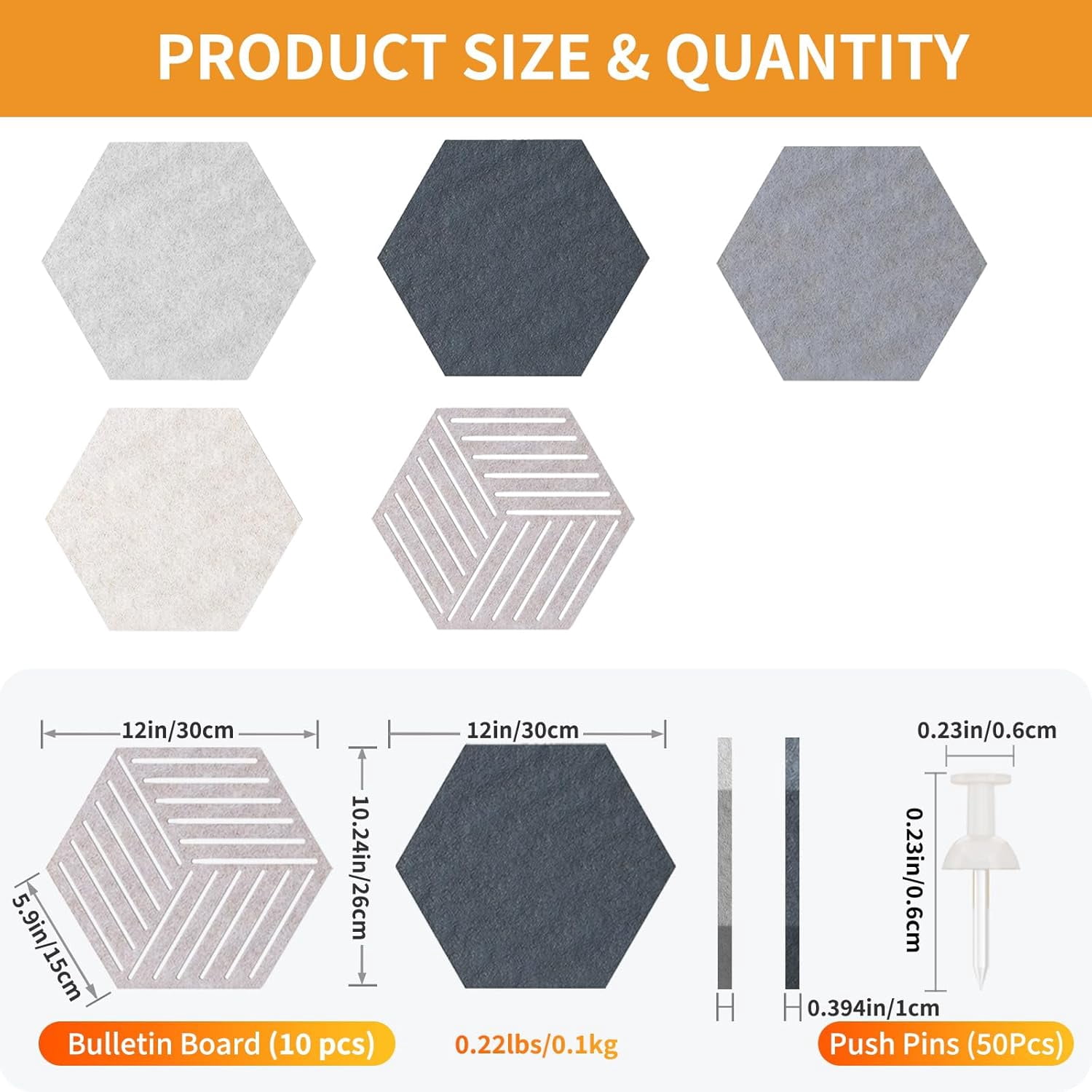 10PCS Hexagon Cork Boards for Walls Decor,12"*10.2" Felt Bulletin Board Tiles Sets Home Office Class Kitchen with 50 Push Pins,Self Adhesive DIY Pin Photos Memos