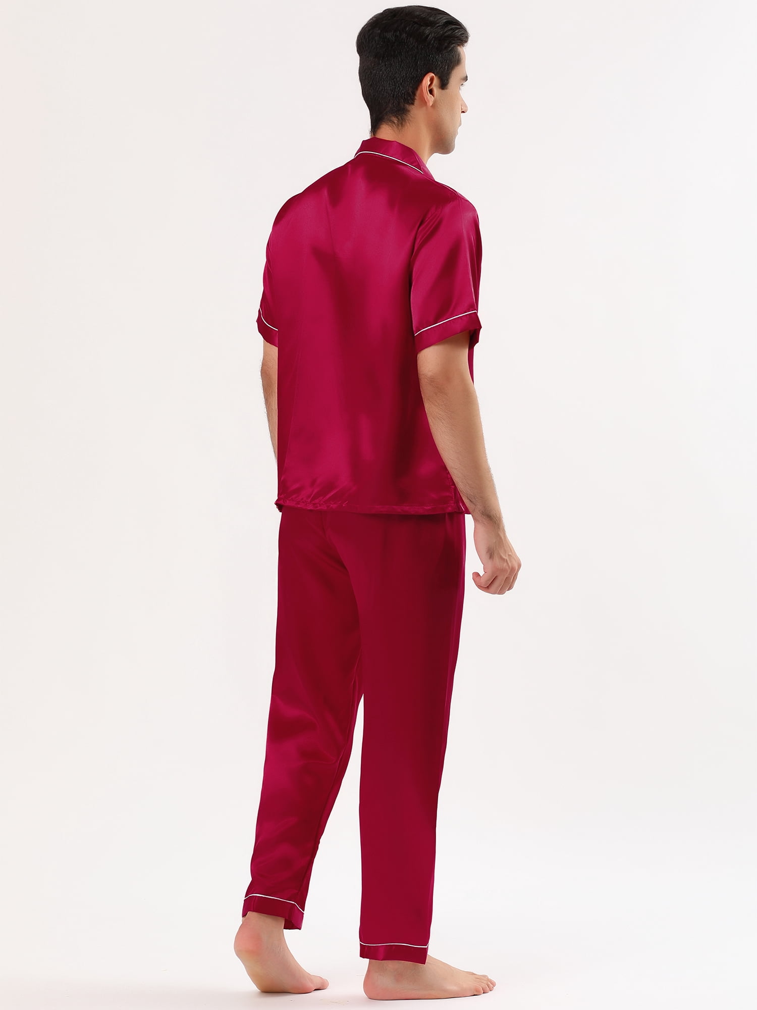 Unique Bargains Men's Button Down Satin Pajama Sets Short Sleeves Nightwear Small Burgundy